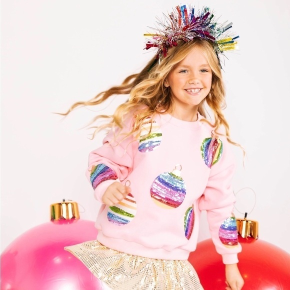 QOS Sweatshirt Kids Mega Ornament Embellish Sequin Rainbow Christmas Pink L GUC - Picture 7 of 7